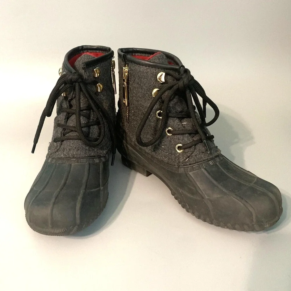 Tommy Hilfiger Womens Grey Wool Duck‎ Boots Gold Zip Ankle Rain Snow Boots